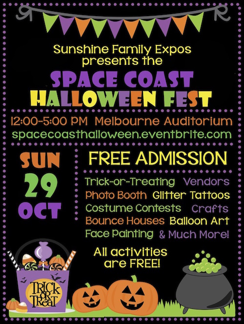 Join us for a unique, safe, and FREE trick-or-treating experience! The Space Coast Halloween Fest will be hosted on Sunday, October 29th from 12:00-5:00 pm at the Melbourne Auditorium located at 625 E. Hibiscus Blvd. in Melbourne, Florida., Space Coast Halloween Fest on October 29th!